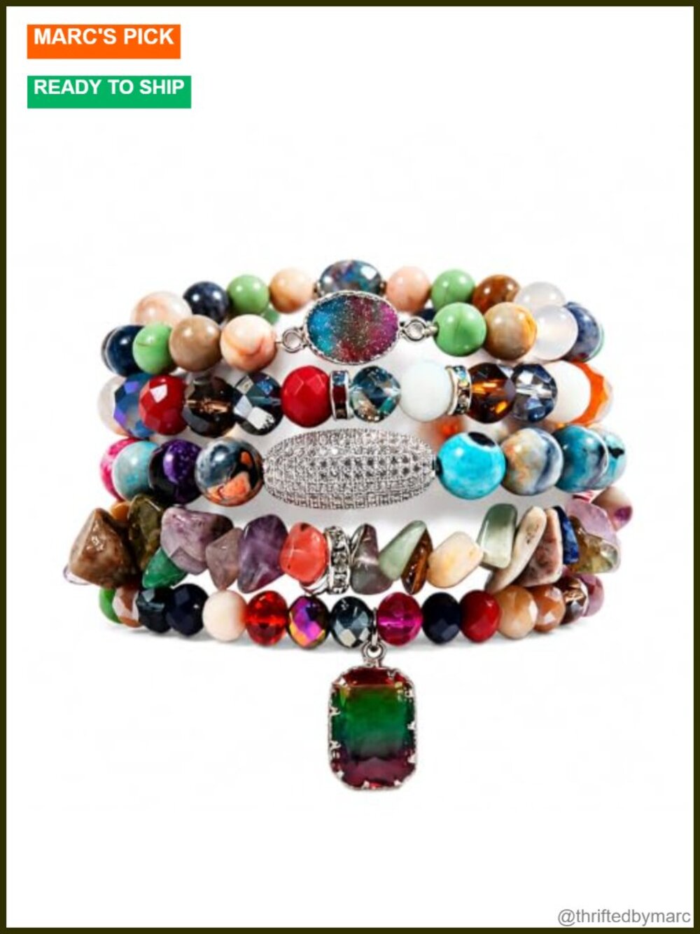 Boho Stackable Beaded Bracelets Crystal Agate Pendant Stretch Elastic Charm